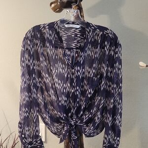 Zara Abstract Geometric Aztec Design 3/4 Sleeve Button Front Sheer Blouse, Med